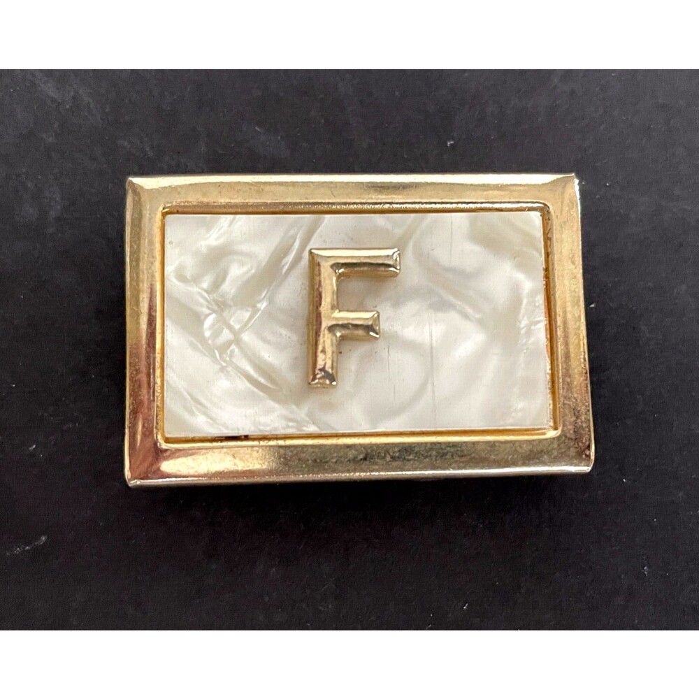 Vintage Brass with Mother of Pearl Letter Initial F Small Rectangle Belt Buckle